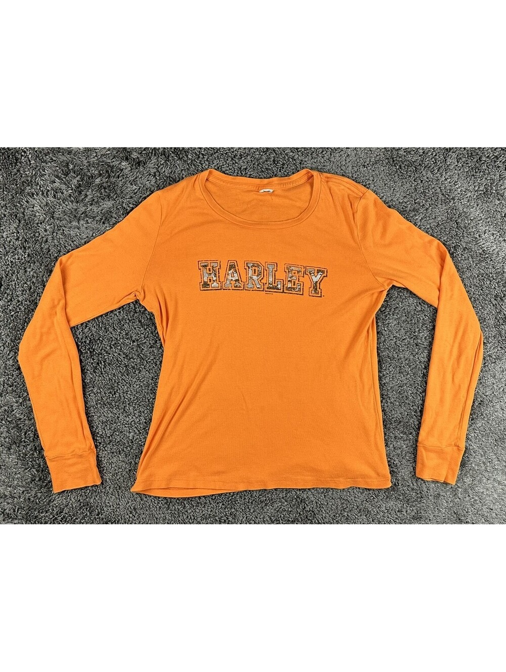 Harley Davidson Womens M Sweetwater Long Sleeve T Shirt Orange Rhinestone Biker